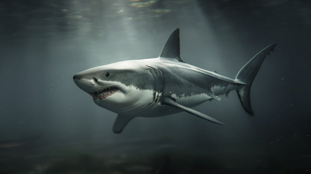 Great White Shark Swimming in Underwater Grass at Dusk photo