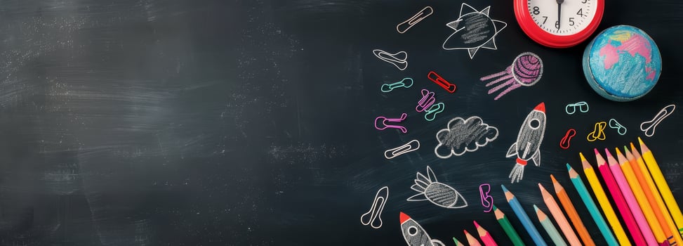 Colorful School Supplies and Rocket Illustrations on a Chalkboard Background photo