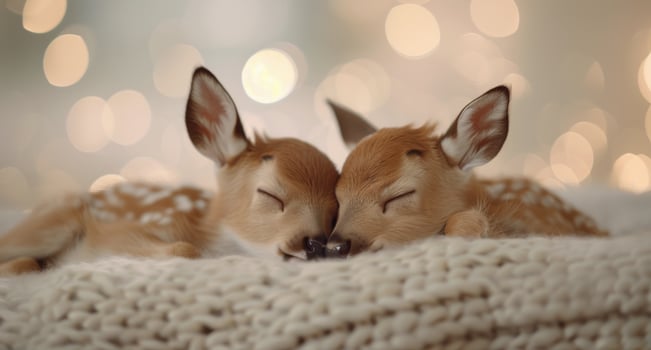 Twin Fawns Sleeping Comfortably Together on a Cozy Blanket photo