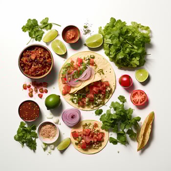 Tacos, tomatoes, onions, and other ingredients arranged on a white surface photo