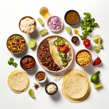 A white table with various ingredients including tacos, salsa, and other ingredients photo