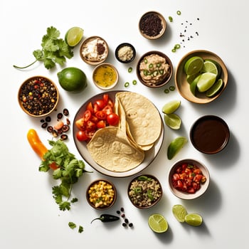 Tacos, tortillas, and other ingredients arranged in bowls on a white surface photo