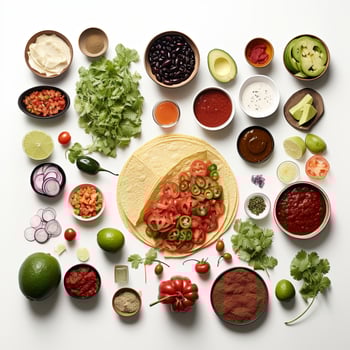 Taco ingredients arranged in a circle on a white surface photo