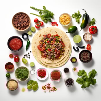 Taco ingredients on white background top view photo