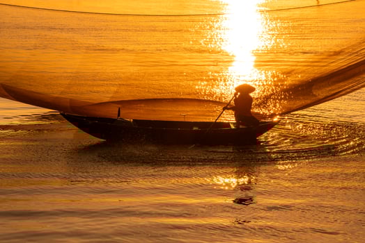 View of unidentified fisherman checks his nets in early morning on river in Hoi An ancient town, Quang Nam Province, Vietnam photo