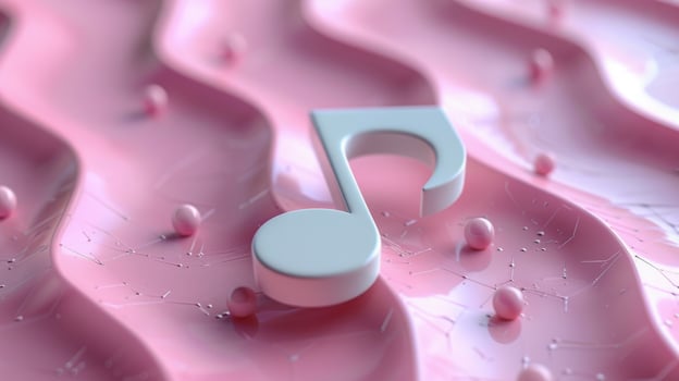 Abstract 3D Music Note on Pink Wavy Background with Floating Spheres and Geometric Patterns photo