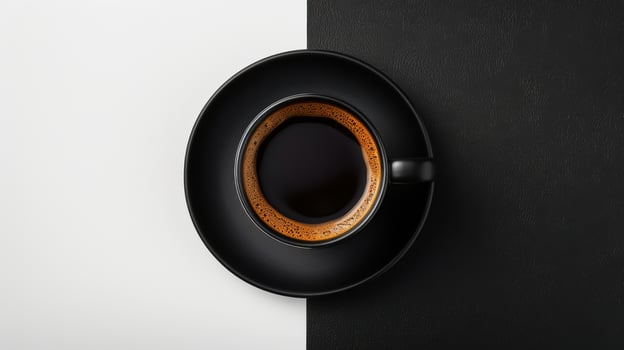 Minimalist Black Coffee Cup on Black and White Background - Top View photo