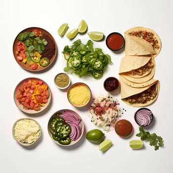 The ingredients for tacos are arranged on a white surface photo