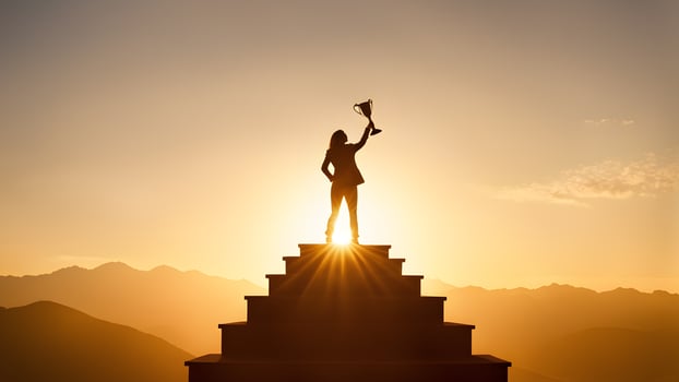 Silhouette businesswoman holding trophy and rise it up standing on top of stair against sunset and mountain range view. concept of woman power, business success, leadership, target achieve, winner photo