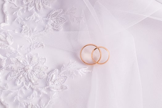 Two gold wedding rings are lying on a white embroidered veil. white satin background. top view. wedding card, invitation. space for text. photo