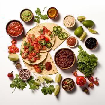 Tacos, beans, tomatoes, and other ingredients arranged in a circle photo