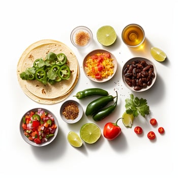 The ingredients for a mexican meal are laid out on a white surface photo