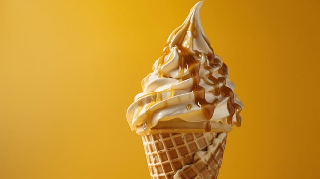 Delicious Swirls of Soft Serve Ice Cream With Golden Caramel Drizzling on a Waffle Cone in a Bright Summer Setting photo