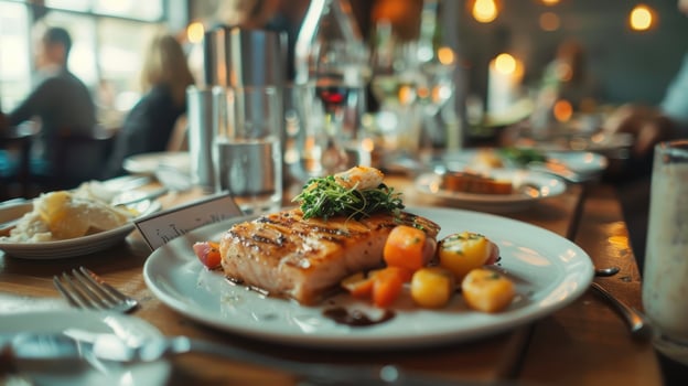 Elegant Dinner Table Setting Featuring Grilled Salmon And Seasonal Vegetables In a Cozy Restaurant Atmosphere photo