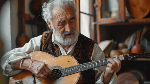 Elderly Musician Strumming Traditional Acoustic Guitar in Cozy Artisan Workshop photo