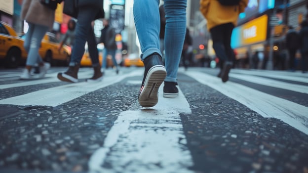 People legs crossing the pedestrian crossing in New York city photo