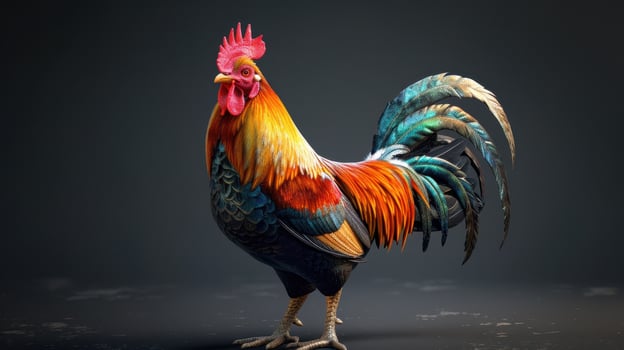 Vibrantly Colored Rooster Struts Proudly Against An Elegant Dark Backdrop At Dawn photo