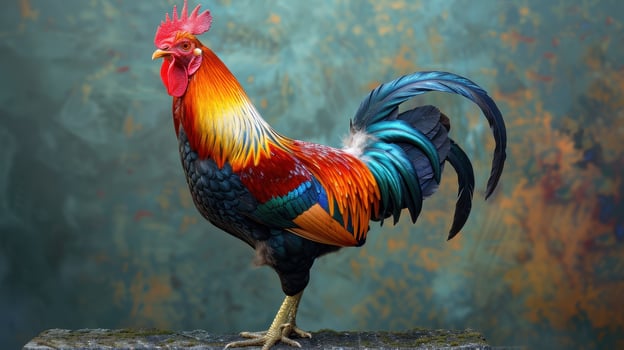 Vibrant Colorful Rooster Standing Proudly Against a Softly Blurred Background in a Serene Rural Setting photo