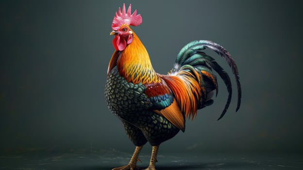 Majestic Colorful Rooster Struts Proudly Against a Dark Background in Morning Light photo