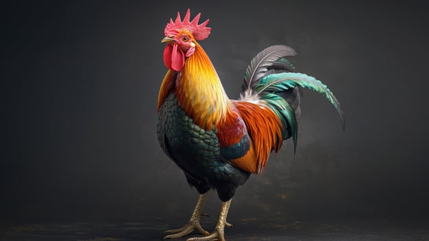 Vibrant Rooster Displaying Its Colorful Feathers Under Dramatic Lighting in a Studio Setting photo