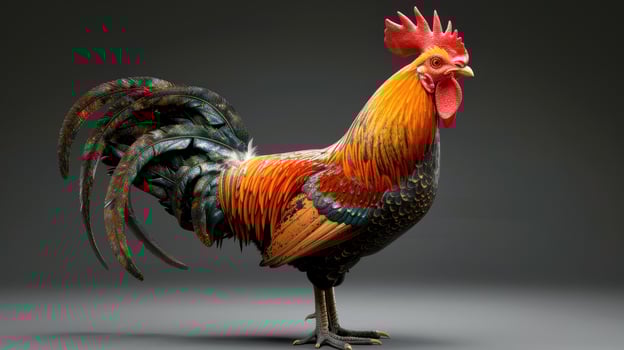 Vibrantly Colored Rooster Displaying Majestic Plumage in a Studio Setting Under Soft Lighting photo