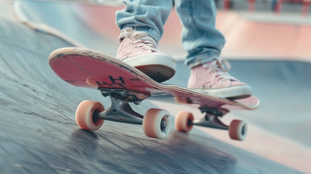 Close-up shot of skateboarder's feet on pink skateboard photo