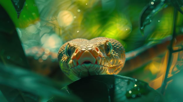 A Vibrant Green Snake Cooperatively Discreet Among Lush Tropical Foliage During a Serene Morning Light photo