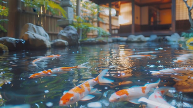 Tranquil Koi Pond Surrounded by Lush Greenery in a Japanese Garden at Sunrise photo
