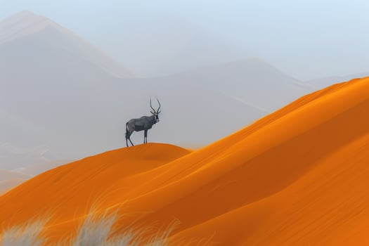 Lone antelope with long, elegant horns standing amidst the sprawling sand dunes of a vast desert, showcasing the raw beauty and serenity of nature. photo