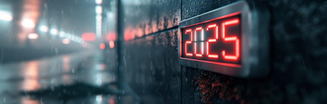 Digital Countdown Timer Displaying 2025 in a Dark, Wet Urban Environment at Night photo