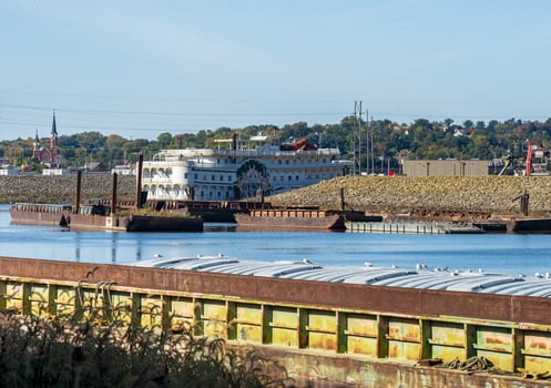 Dubuque, IA - 17 October 2023.Abandoned traditional river boat and casino Catfish Bend in harbor in Iowa photo