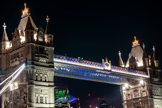 Close up of London Tower Bridge at Night. One of London's most famous bridges and must see landmarks in London. photo