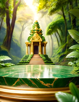 Green Marble Pedestal with Golden Accents in a Lush Jungle Setting photo