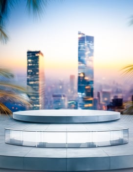 Minimalist Concrete Platform with Glass Railing and City Skyline Background photo