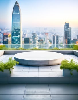 Minimalist Cityscape Rooftop Terrace with Circular Platform photo