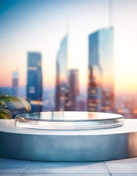 Glass Podium with City Skyline Background photo