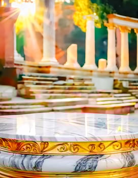 Marble Pedestal with Golden Accents in Front of Blurred Ancient Roman Ruins photo