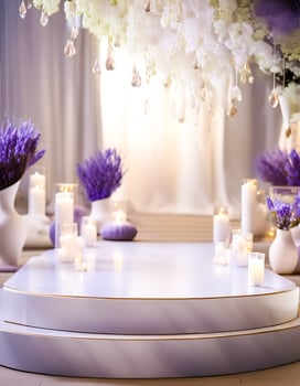 White and Purple Pedestal with Candles and Flowers photo