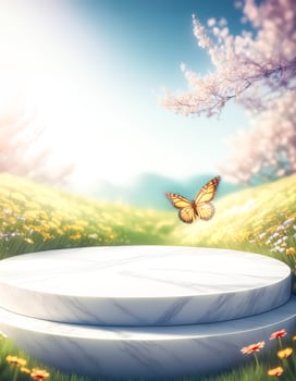 White Marble Pedestal in a Field of Flowers with Butterfly photo