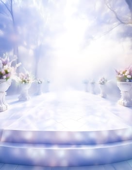 White Stage With Floral Decor In A Foggy Forest photo