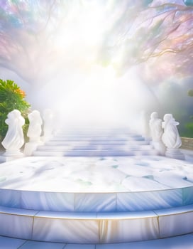 White marble stairs and a circular platform in a dreamy and ethereal setting photo