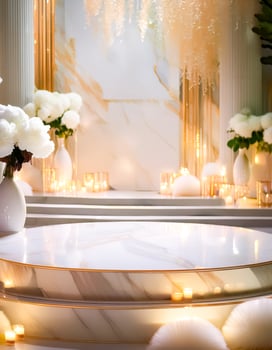 Elegant White Marble Pedestal with Golden Trim and Candles photo