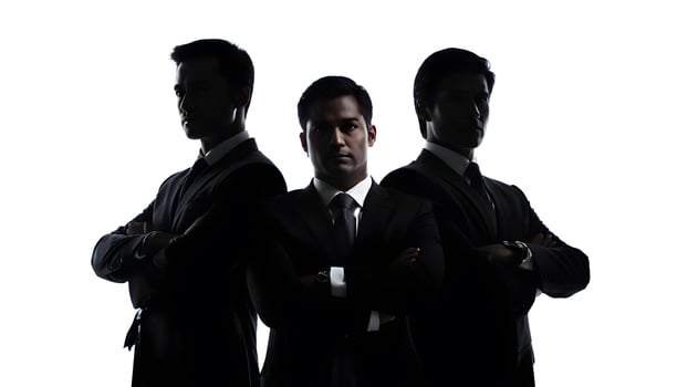 Silhouette three businessman wearing suit and arm crossed in shadow against white background. concept of business success, leadership, teamwork, partnership photo