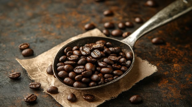Freshly roasted coffee beans spilling from a vintage metal spoon photo