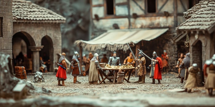 Medieval Market Scene with Knights and Townspeople in Village Square photo
