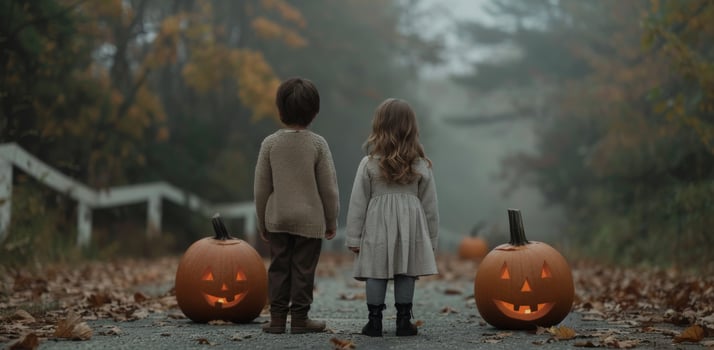 Children in Mysterious Forest With Halloween Pumpkins at Dusk photo