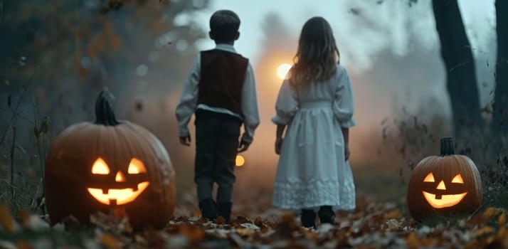 Halloween Celebration With Children and Jack-o'-Lanterns in a Foggy Forest photo
