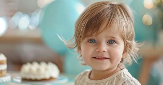 Delighted Baby Enjoys Cake at Birthday Celebration With Blue Balloons photo