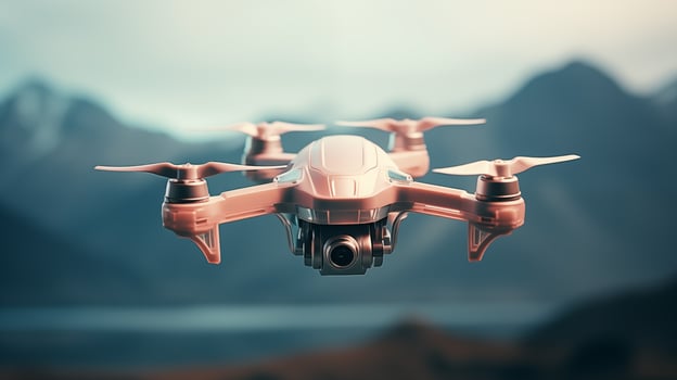 Sleek pink drone against blurred distant peaks closeup image. Quadcopter close up photography marketing. Outdoor UAV concept photo realistic. Technological elegance picture photorealistic