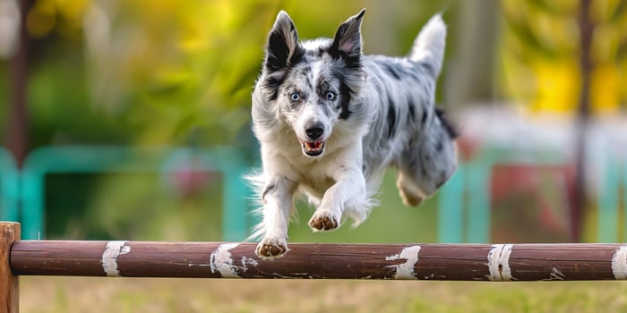 Border Collie Leaping Over Obstacle Outdoors Energetic Dog in Action photo